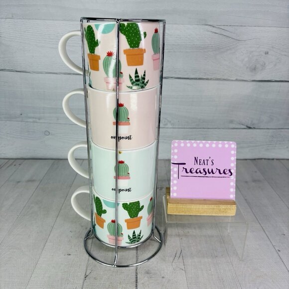 Coco + Lola CACTUS ON POINT Porcelain Stackable 16oz Cups Mugs With Metal Stand - Picture 1 of 16